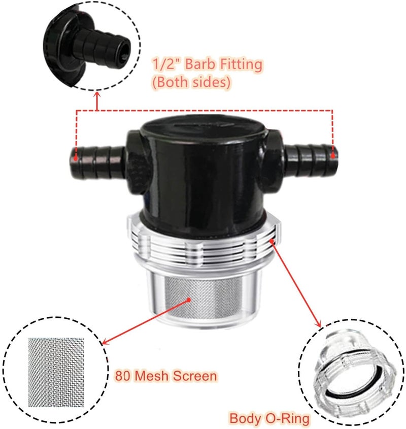 LDCRE 1/2 Inches Water Pump Strainer, RV Water Pump Filter Compatible with 3/8 Inches Hose Barb In-Line Strainer Twist-On Pipe Sprayer for 12V DC 80 PSI Camper Marine Boat Lawn, 80 Mesh Filter 2PC - Image 4